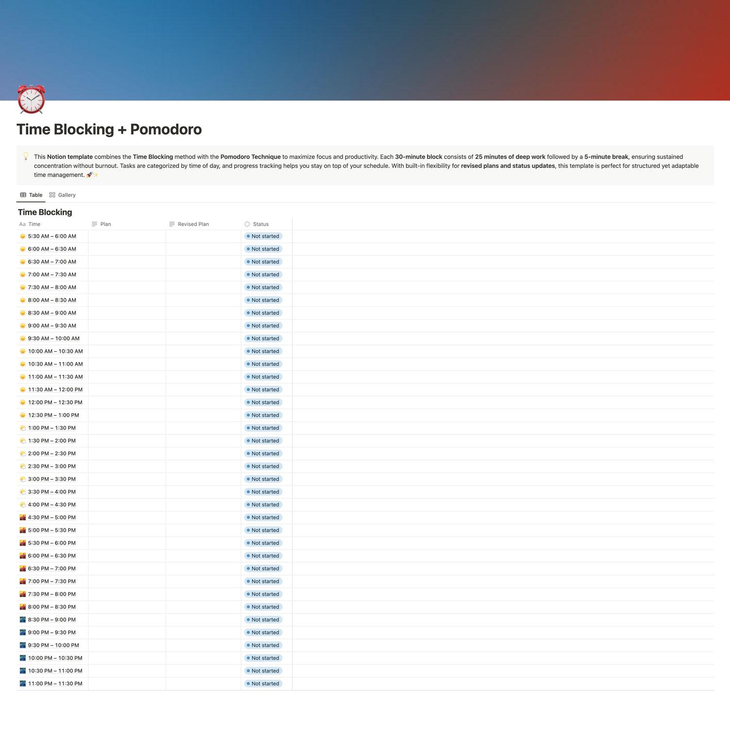 Time Blocking + Pomodoro Notion template